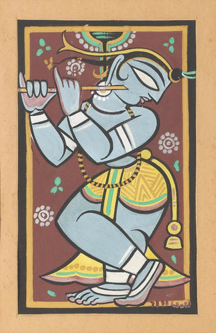 Krishna Collection - Indian Art - Kalighat Style - Jamini Roy - Krishna Playing Flute III by Dheeraj