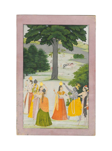Krishna And The Gopis - Manaku And Nainsukh, Guler School C1780 - Vintage Indian Miniature Art Painting by Miniature Art