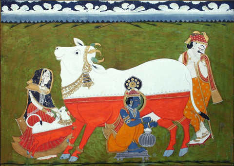Krishna Milking Cow, Accomanied By Parents Yashoda And Nanda - Marwar c1840 - Indian Vintage Miniature Painting by Jai