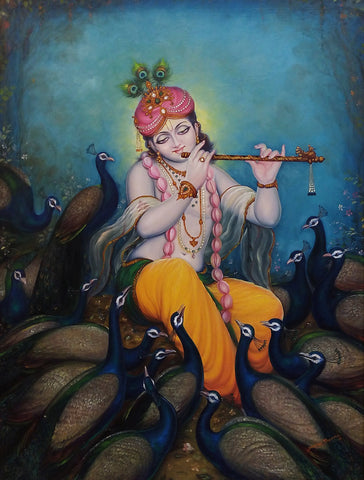 Krishna paintings - Indian Art - Krishna Playing flute by Dheeraj