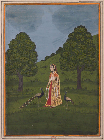 Indian Miniature Paintings - Lady with Pecocks - Rajput-Ragamala - Painting by Kritanta Vala