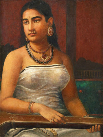 Lady Holding Veena - Raja Ravi Varma - Famous Indian Painting by Raja Ravi Varma