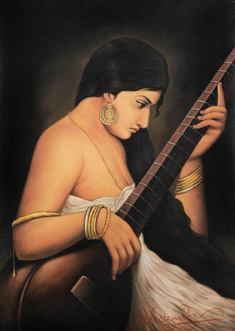 Lady Playing Sitar - Hemen Mazumdar - Indian Masters Painting by Hemen Mazumdar