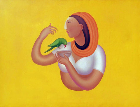 Lady With Parrot by Manjit Bawa