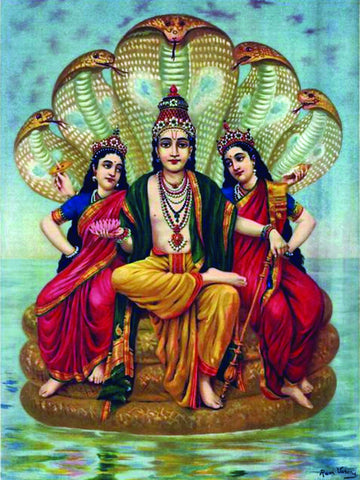 Laxmi Devi and Earth Goddess Bhumi, Wives of Vishnu by Raja Ravi Varma