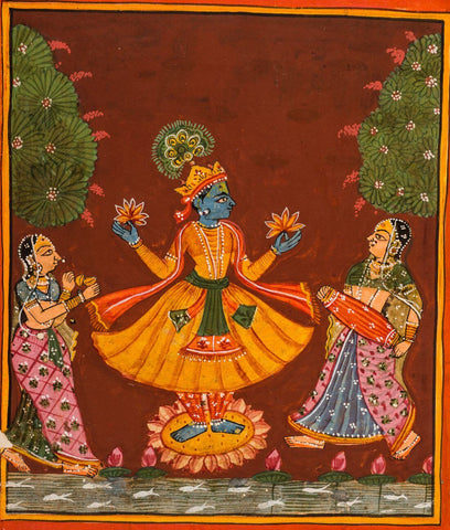 Lord Krishna On A Lotus With Wives Rukmini And Satyabhama - Vintage 18th Century Rajasthani Painting - Vintage Indian Miniature Art Painting - Large Art Prints by Miniature Art