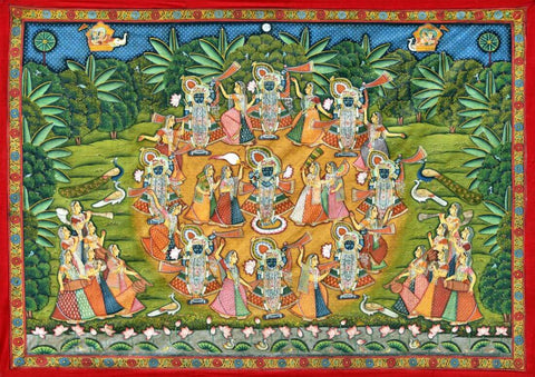 Lord Shrinathji With Gopis Raas Leela - Pichwai Painting by Krishna Pichwai