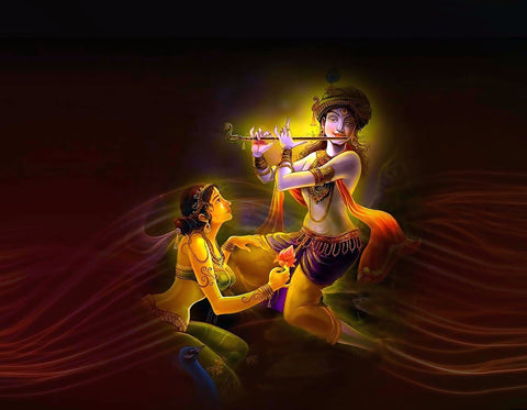 Lord Krishna Playing Flute with Radha by Raghuraman