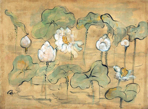 Lotus Flowers - Benode Behari Mukherjee - Bengal School Art Painting by Benode Behari Mukherjee