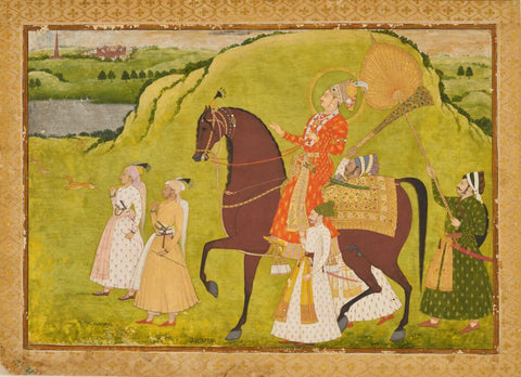 Maharaja Abhai Singh On Horseback - C.1725 - Vintage Indian Miniature Art Painting by Miniature Vintage