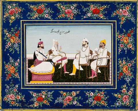 Maharaja Ranjit Singh With Sikh Noblemen - Punjab School - Indian Miniature Art Royalty Painting by Tallenge