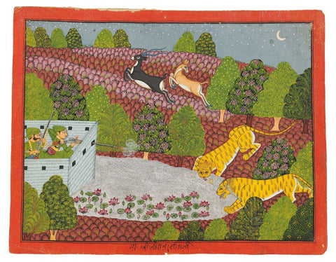 Maharaja Zorawar Singh Hunting - C.1800 - Vintage Indian Miniature Art Painting by Miniature Vintage