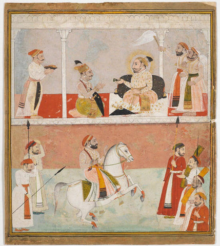 Maharana Pratap Singh Of Mewar Receiving A Courtier, With Attendants To Either Side, One Waving A Gauri, With Other Officers And Guards Beloe The Terrace - C.1750 - Vintage Indian Miniature Art Painting by Miniature Vintage