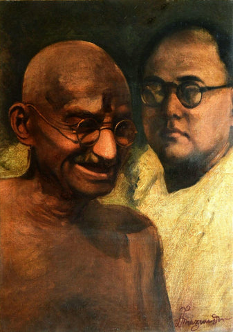 Mahatma Gandhi and Netaji Subhas Chandra Bose - Hemen  Mazumdar - Rare Indian Painting by Hemen Mazumdar