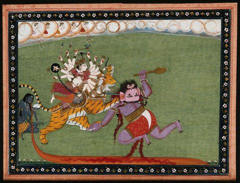 Mahisauramardini; Durga Slaying The Buffalo Demon, Mahishasura - C.1800 - 1899 - Vintage Indian Miniature Art Painting by Miniature Vintage
