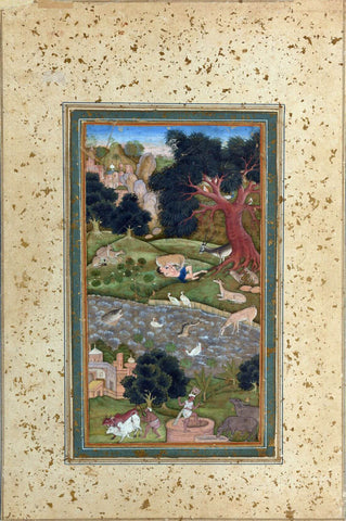 Majnun in the Wilderness c1600 - Mughal School - Indian Miniature Art Painting - Large Art Prints by Miniature Art