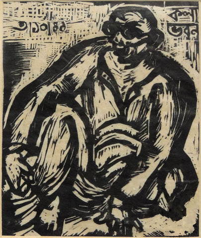 Man Seated - Vinod Behari Mukherjee - Bengal School Indian Painting by Benode Behari Mukherjee