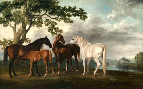 Mares And Foals In A River Landscape - George Stubbs Equestrian Painting by George Stubbs