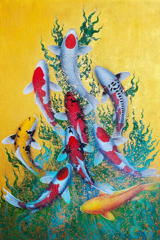 Nine Koi Fish Upstream - Prosperity And Family Strength - Feng Shui Painting by Roselyn Imani