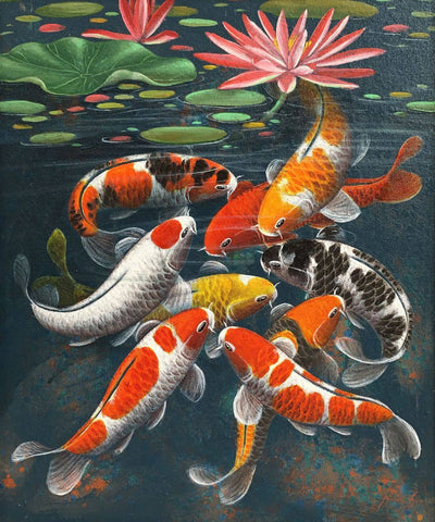 Nine Koi Fish With Lotus - Prosperity And Family Strength - Feng Shui Painting by Roselyn Imani
