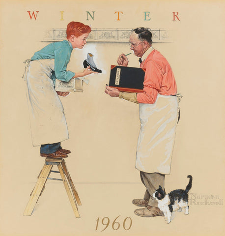 Boy And The Shopkeeper: Taking Inventory - Framed Prints by Norman Rockwell