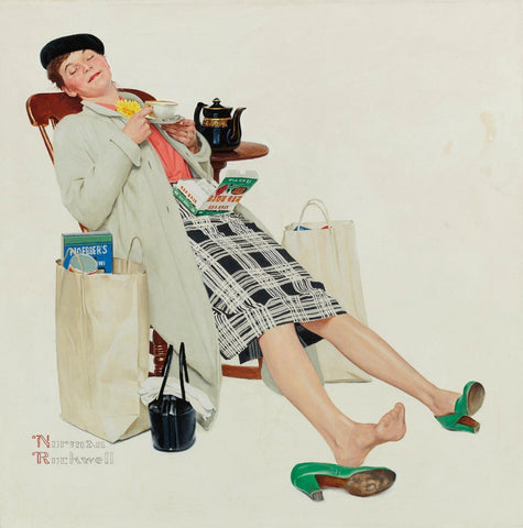 Woman Relaxing With Tea After Shopping - Canvas Prints by Norman Rockwell