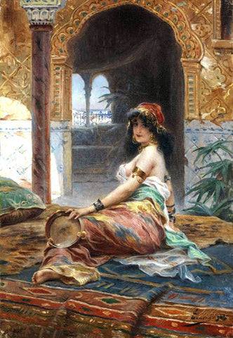 Odalisque With Tambourine - Adrien Henri Tanoux - Arabic Orientalist Art Painting by Adrien Henri Tanoux