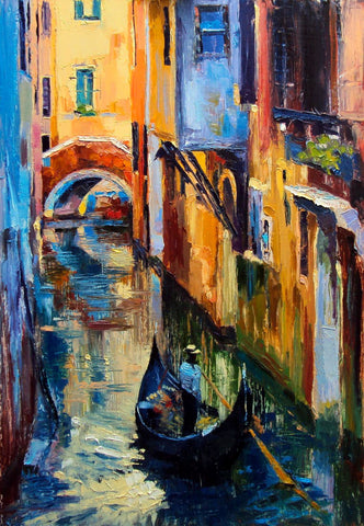 Oil Painting Of Gondola In A Canal In Venice - Canvas Prints by Hamid Raza