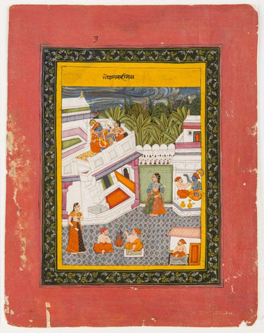 Palace With Krishna And Ladies - 19th Century - Vintage Indian Miniature Art Painting by Miniature Art
