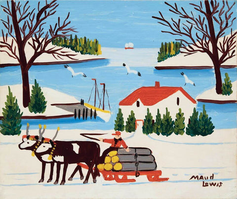 Pair of Oxen with Sled of Logs - Maud Louis - Art Prints by Maud Lewis