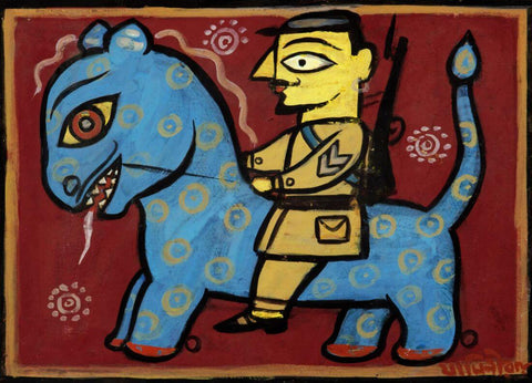 Policeman Riding a Tiger - Jamini Roy Bengal School Art Painting by Jamini Roy