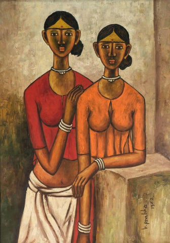 Portrait Of Two Girls - B Prabha - Indian Art Painting (SMALL ONLY) - Canvas Prints by B. Prabha
