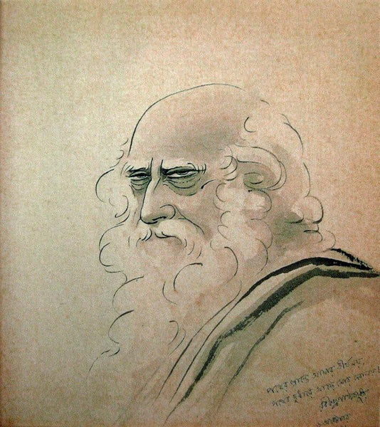 Portrait of Rabindranath Tagore by Kosetsu Nosu With Tagore's Autographed Poem - Art Prints