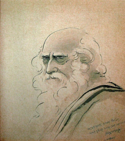 Portrait of Rabindranath Tagore by Kosetsu Nosu With Tagore's Autographed Poem - Posters