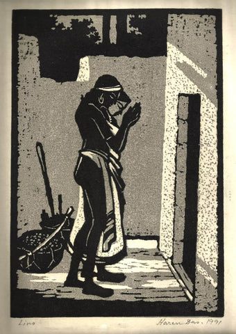 Prayer - Haren Das - Bengal School Art Linocut Painting - Canvas Prints by Haren Das