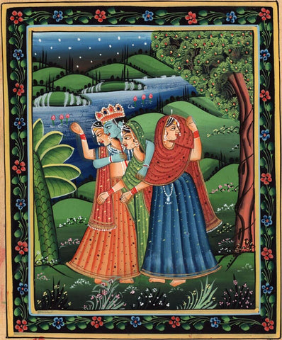 Radha Krishna And Gopis - Pichwai - Vintage Indian Miniature Art Painting - Large Art Prints by Miniature Art