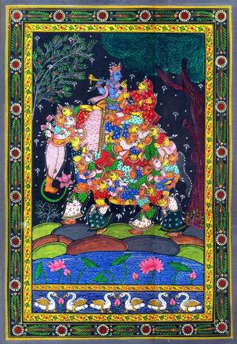 Large Artwork Prints of Radha Krishna on Elephant Made of Lady Figures (Nari Kunjar) - Madhubani Painting - Large Art Prints by Tallenge