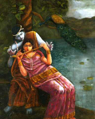 Radha Learning To Play The Flute From Krishna - Hemen Majumdar - Indian Master Painting by Hemen Mazumdar