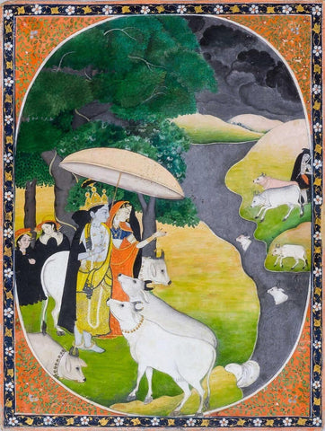 Radha Krishna In Rainy Season - Kangra Painting School by Tallenge Store