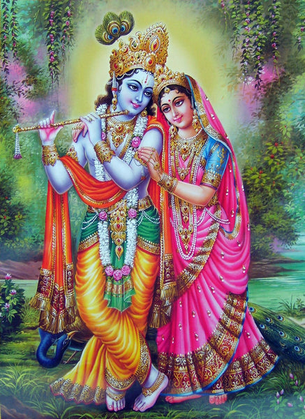 Radha and Krishna Together Playing the Flute - Art Prints