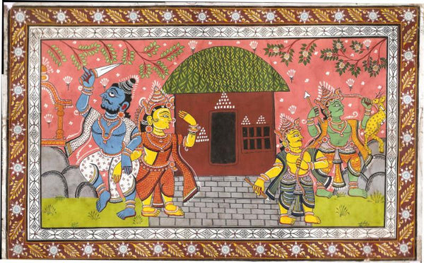 Rajasthani Painting - Ravan Abducts Sita While Ram And Lakshman Go After The Golden Deer - Framed Prints