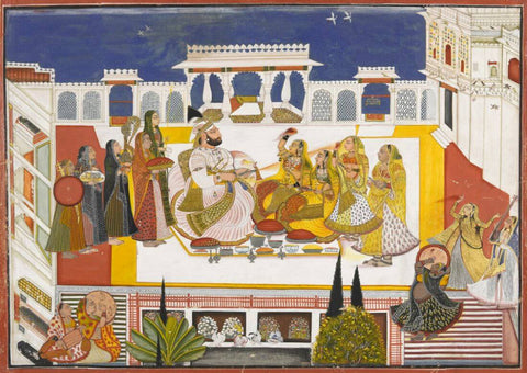 Rawat Gokal Das celebrating holi in the zenana - Rajput Painting by Bagta,  Devgarh, Rajasthan c1808 by Tallenge