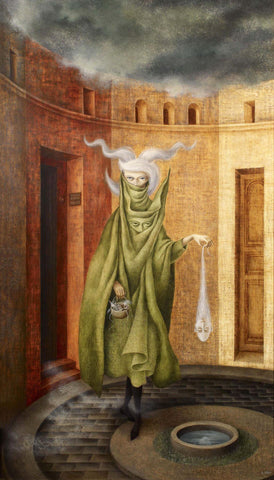 Woman Leaving The Psychoanalyst - Remedios Varo - Surrealist Painting by Remedios Varo