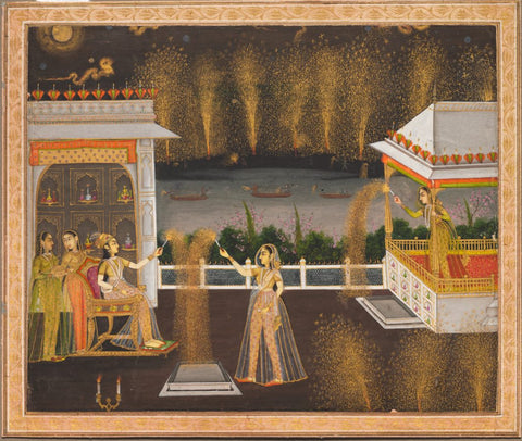Royal Women Celebrating Diwali - C.1760 - Vintage Indian Miniature Art Painting by Miniature Vintage