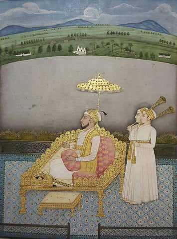 Shah Alam Ii Seated On A Throne Overlooking The Ganges -Vintage Indian Miniature Art Painting by Miniature Vintage