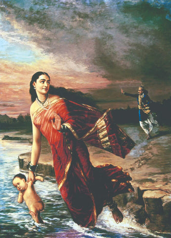 Shantanu And Ganga - Raja Ravi Varma Oleograph Print Painting by Raja Ravi Varma