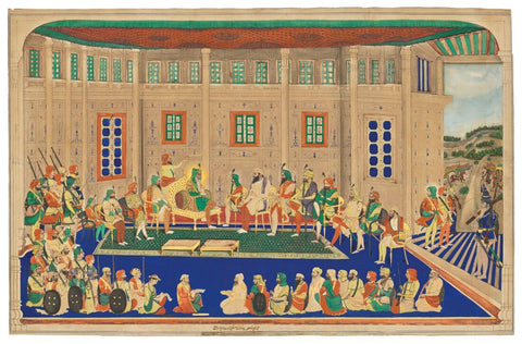 Sher-e Punjab Maharaja Ranjit Singh In Durbar - 19th Century Vintage Indian Sikh Royalty Painting by Indian Art