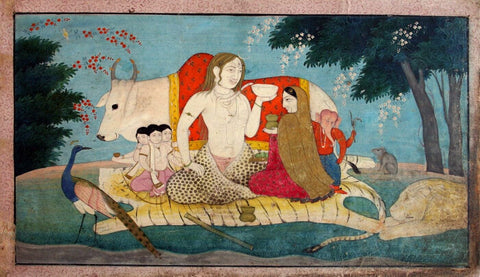 Shiva Parvati Skanda Murugan and Ganesha - Sajnu Mandi School c1825 - Vintage Indian Painting by Tallenge Store