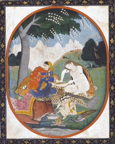 Shiva and Parvati with Their Children Ganesha and Karttikeya (Skanda) - Vintage Indian Painting by Tallenge Store