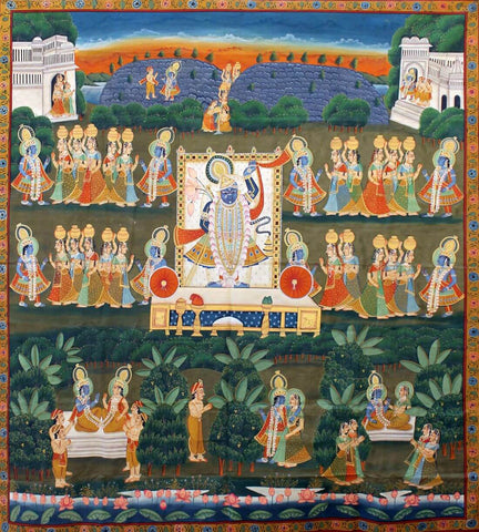 Shrinathji Ki Daan - Krishna Pichwai Vintage Indian Painting - Large Art Prints by Pichwai Art